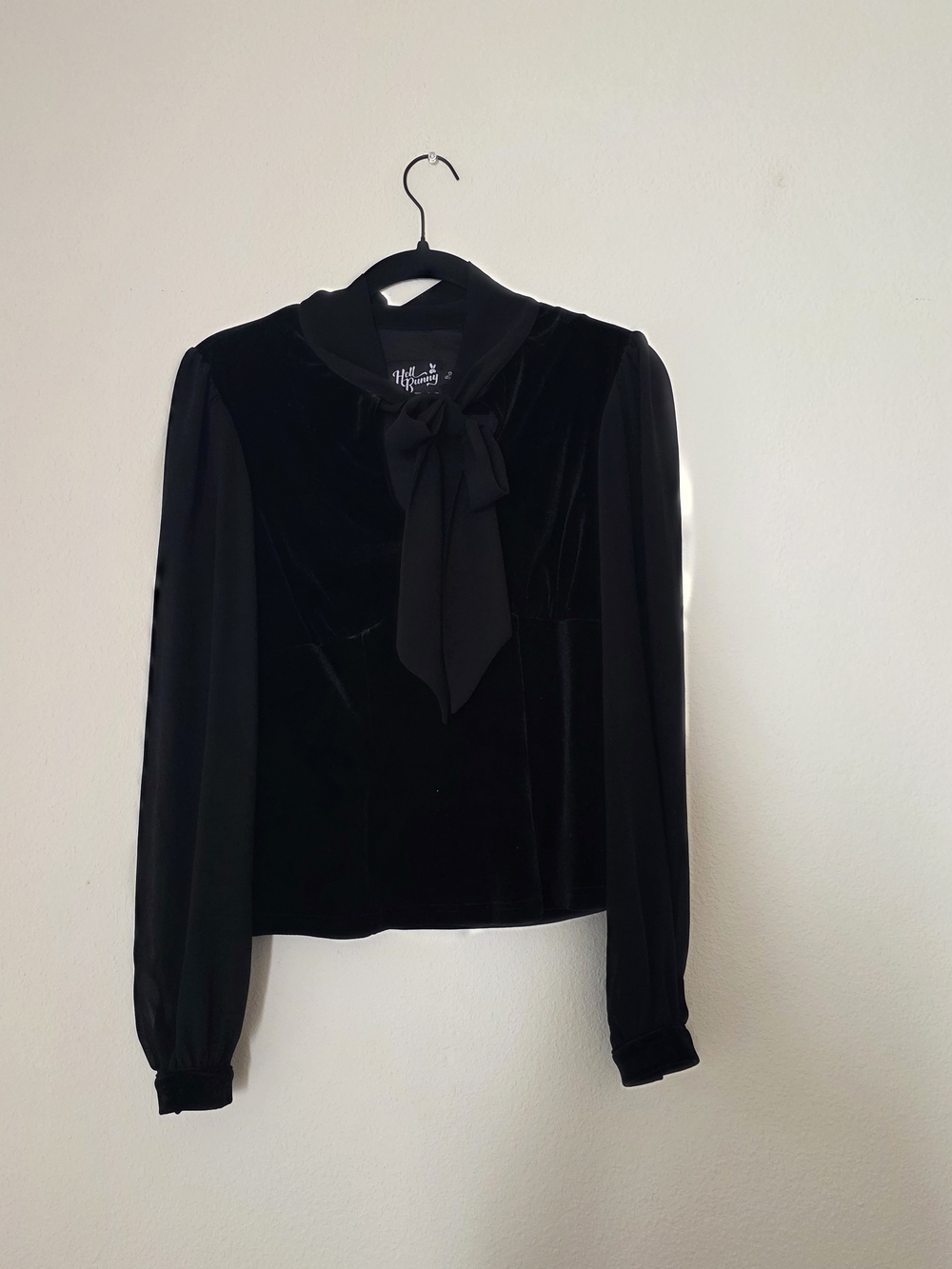 Hell Bunny Black Velvet Tie-Neck Blouse